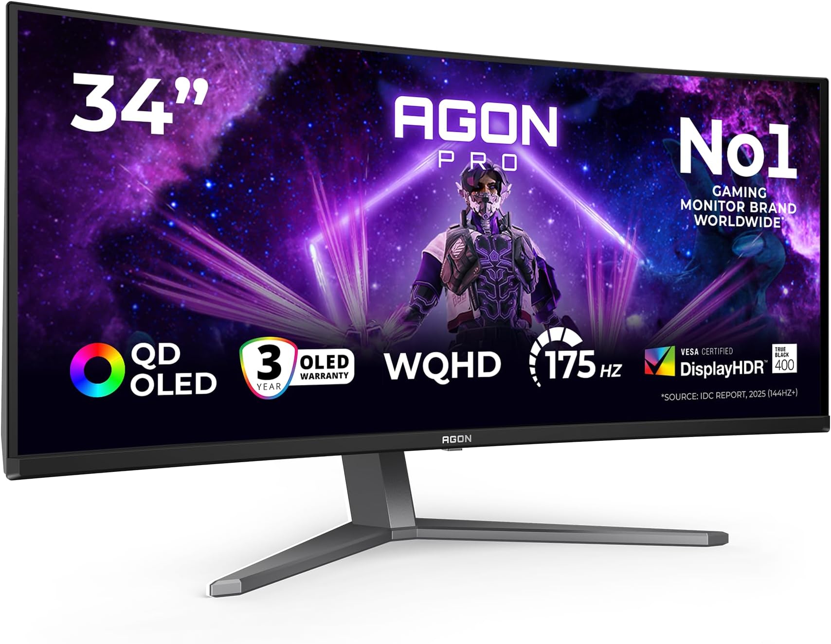 AOC AG346UCD 34 inch UW-QHD Monitor Curved, 175Hz, QD-OLED Panel, 0.03ms GtG, Adaptive Sync, HDR400 TrueBlack, FreeSync Premium, G-Sync Comp., Speakers (3440x1440 HDMI 2x 2.0 DP 1x 1.4 USB Hub) Black