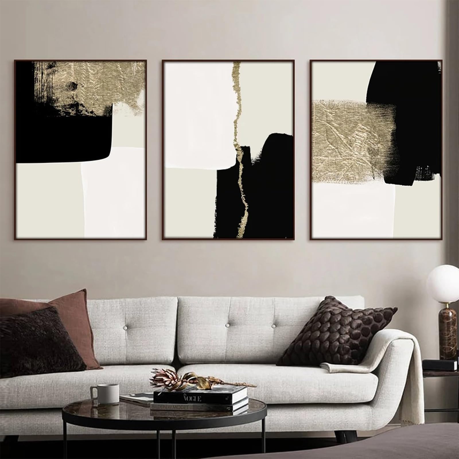 HEHGVCF Set di 3 poster su tela Moderni Minimalisti Beige Nero e Oro Immagini da Parete Geometriche Arte Astratta Stampa su Tela Decorazione da Parete Senza Cornice (50 x 70 cm, Geometrica)