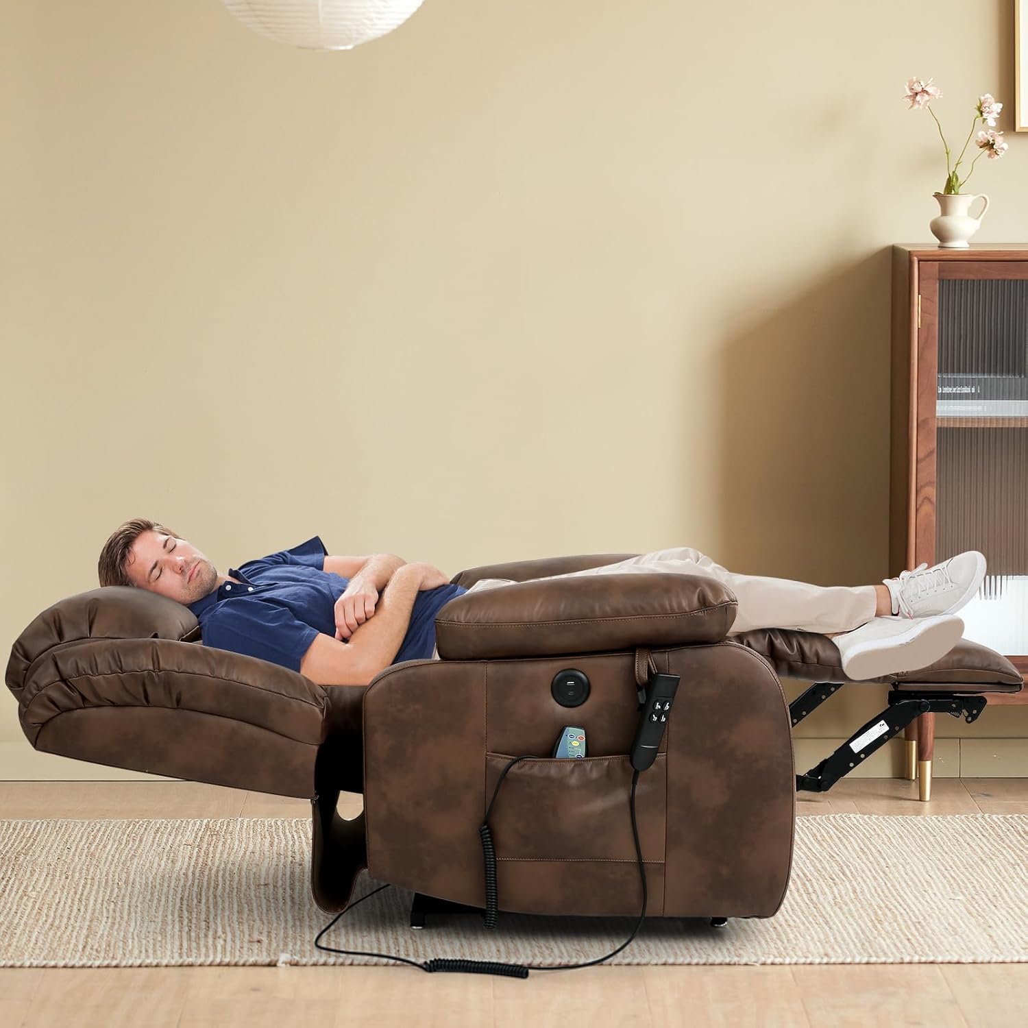 MAEVIS Power Recliner Chair, Lay Flat Sleeping Lift Chairs Recliner for Elderly with Heat and Massage,Comfy Real Breathable Leather Recliners with Dual OKIN Motor for Living Room (Ochre)