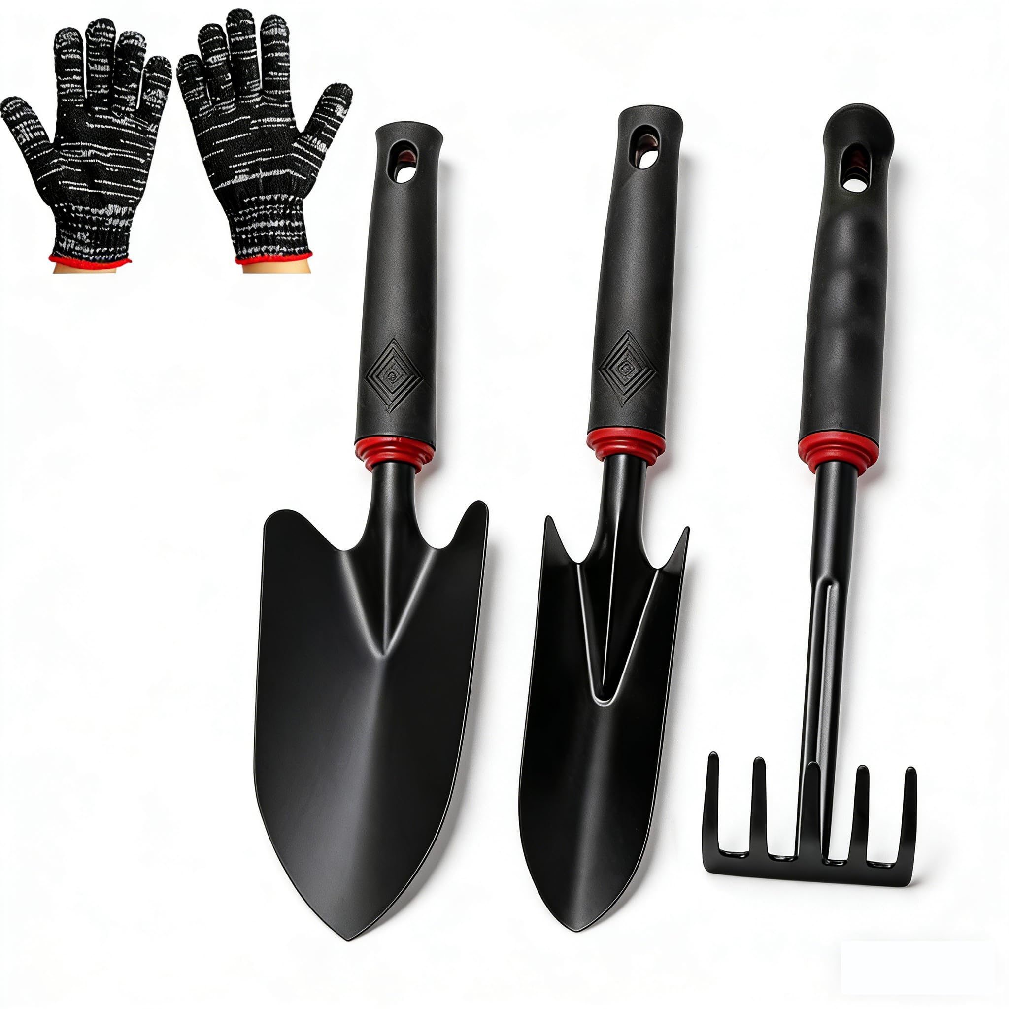 Xygobla Garden Tool Set, 4Pcs Gardening Tools Kit with Non-Slip Handle Includes Stainless Steel Garden Trowel,Hand Wide Shovel Pointed,Rake & Glove Essential for Planting,Digging,Loosening & Weeding