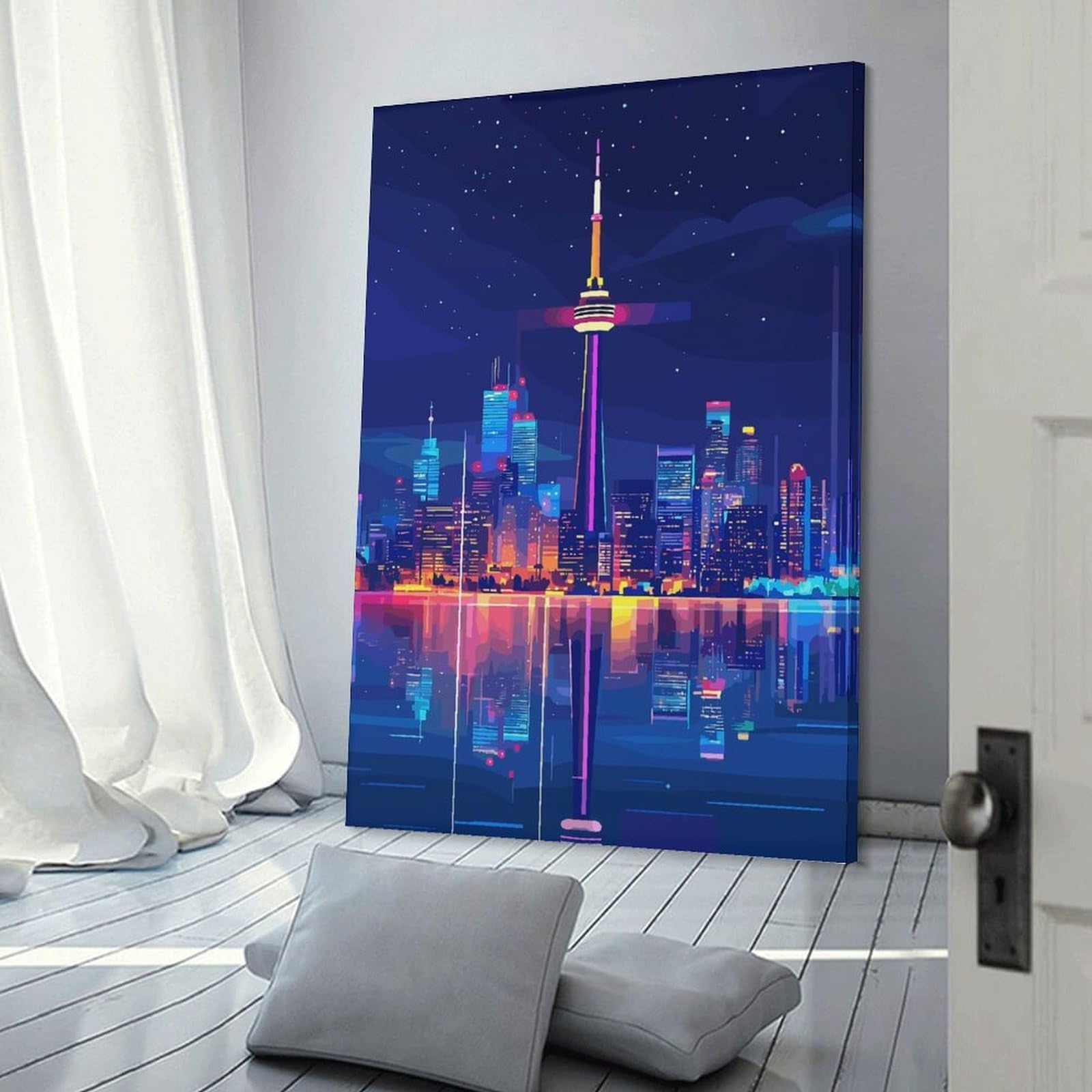 Junmoney Toronto Skyline at Night Home Decor Wall Art, 24x36inch(60x90cm), for Wall Displays, Bedrooms Or Room Updates, Ideal for Building A Coordinated Art Wall