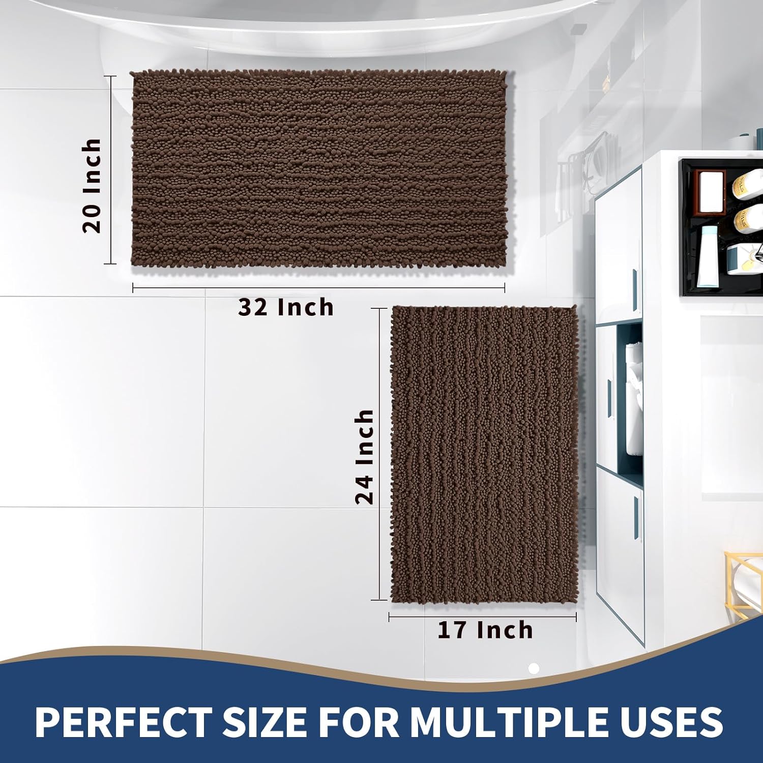 Yimobra Bathroom Rugs Sets 2 Piece - Quick Dry Extra Thick Luxury Chenille Bath Mat, Non Slip Super Absorbent for Tub Shower Sink, Machine Washable Shaggy Floor Mat, 32"x20"+24"x17" Inch, Brown - Image 2