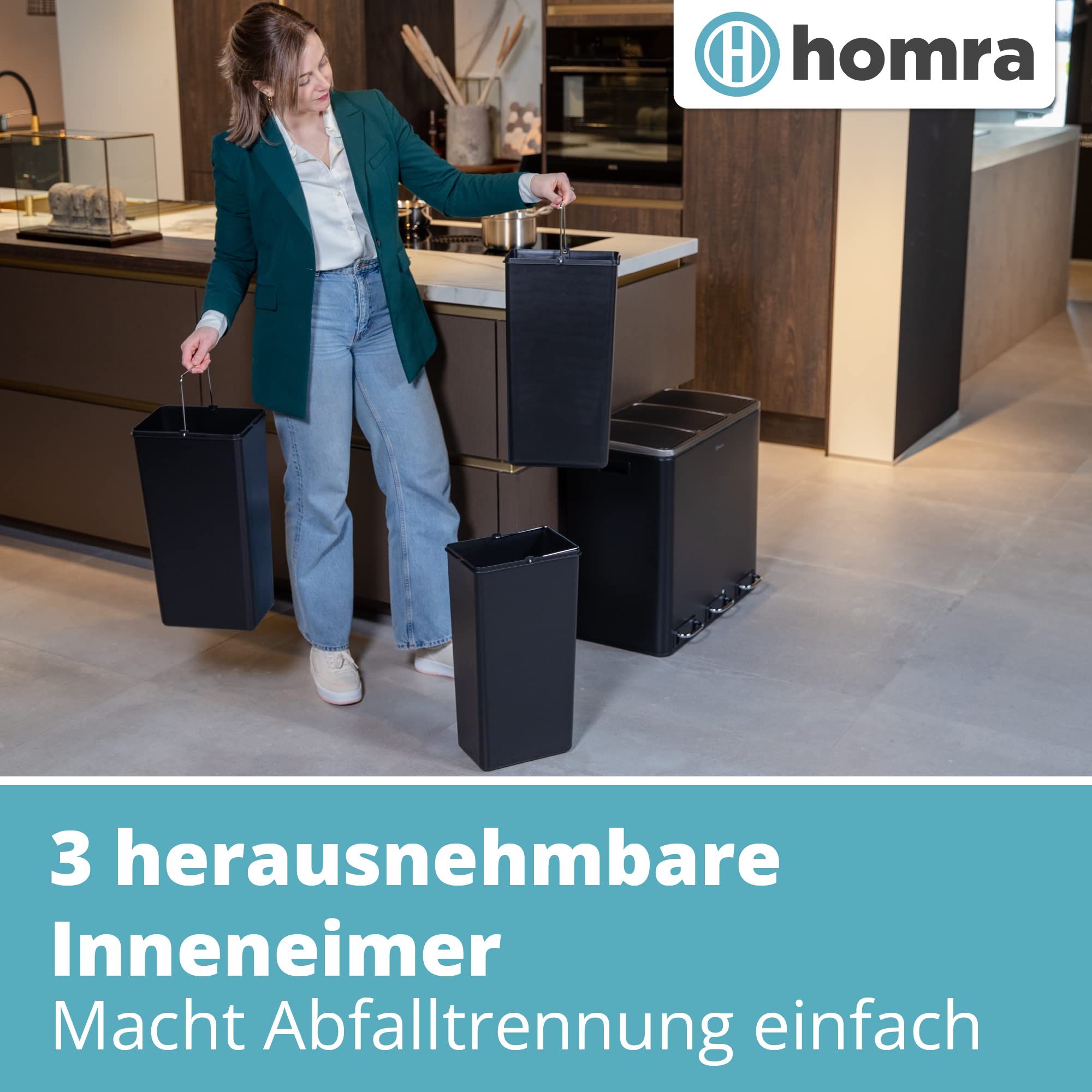 Homra Mülleimer Küche 3 Fächer Sparq 54l | Mülltrennsystem 3Fach | Edelstahl Treteimer 3x18 Liter | Trennsystem 3 Inneneimern | Abfall & Recycling | Abfalleimer Tretmülleimer Softclose | Schwarz