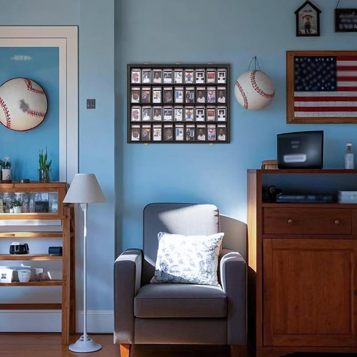 36 Graded Sports Card Display Case with UV Protection Lockable Wall Frame Cabinet for Basketball Football Baseball Hockey Trading Cards-Black Finish