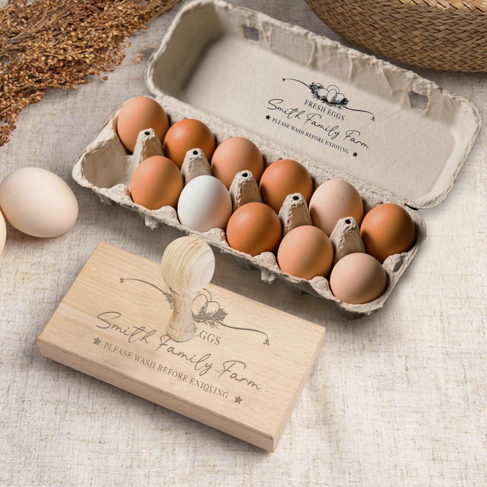 ELULAE Personalized Egg Cartons Stamp, Custom Text and Logo, Wooden Farm Egg Stamps with Detachable Handle, Chicken Coop Gifts, Egg Box Stamp, Birthday Gifts for Farmer, Breeder, Chicken Owners
