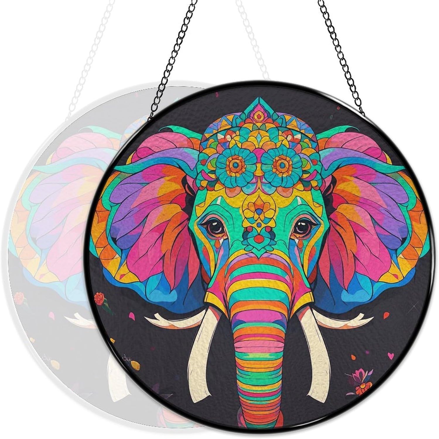 Stained Glass Hanging Sign Suncatcher, Colorful Flower Elephant