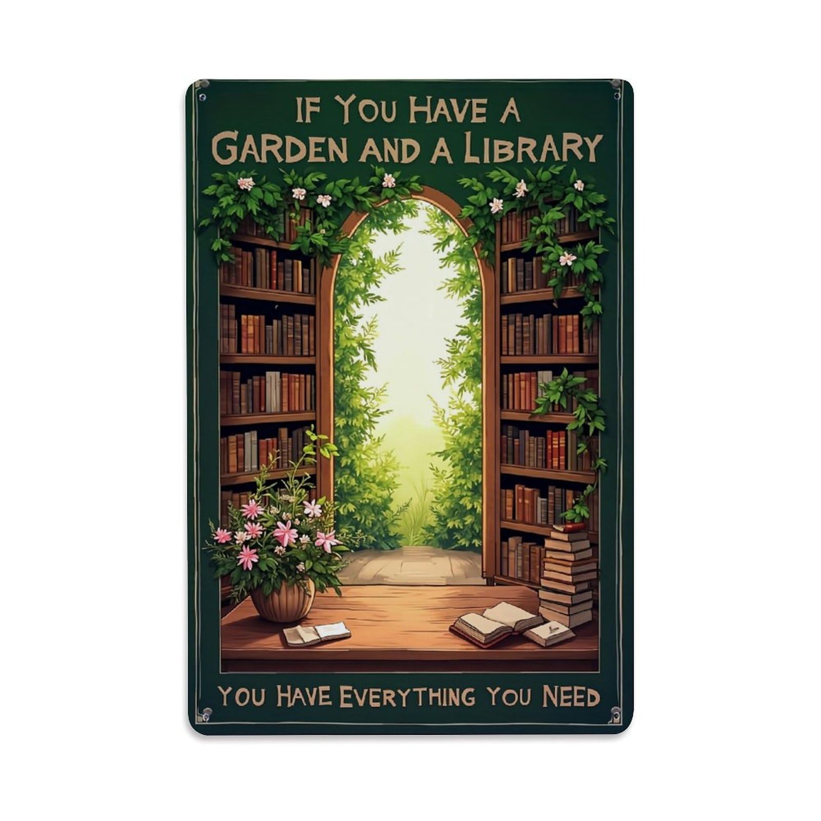 Bookshelf Garden Arch Flowers Books Retro Metal Tin Sign, Vintage Decor Art Poster for Bar, Home, Man Cave, Kitchen, Laundry Room Gift 8x12Inch