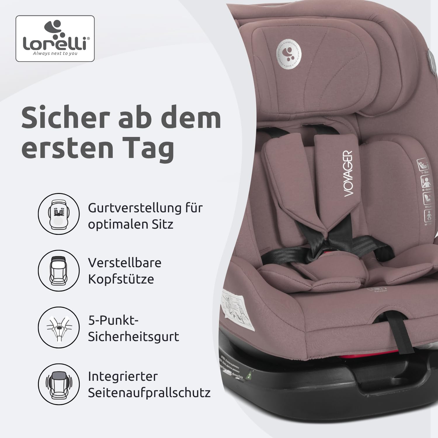 Lorelli Mitwachsender Kindersitz [Ohne Isofix] i-Size 40-150cm, Baby Autositz Voyager, Gruppe 0+/1/2/3, Autokindersitz ab Geburt bis 12 Jahre, 0-36 kg, Auto Babysitz ab Geburt, 5-Punkt-Gurt, Rosa