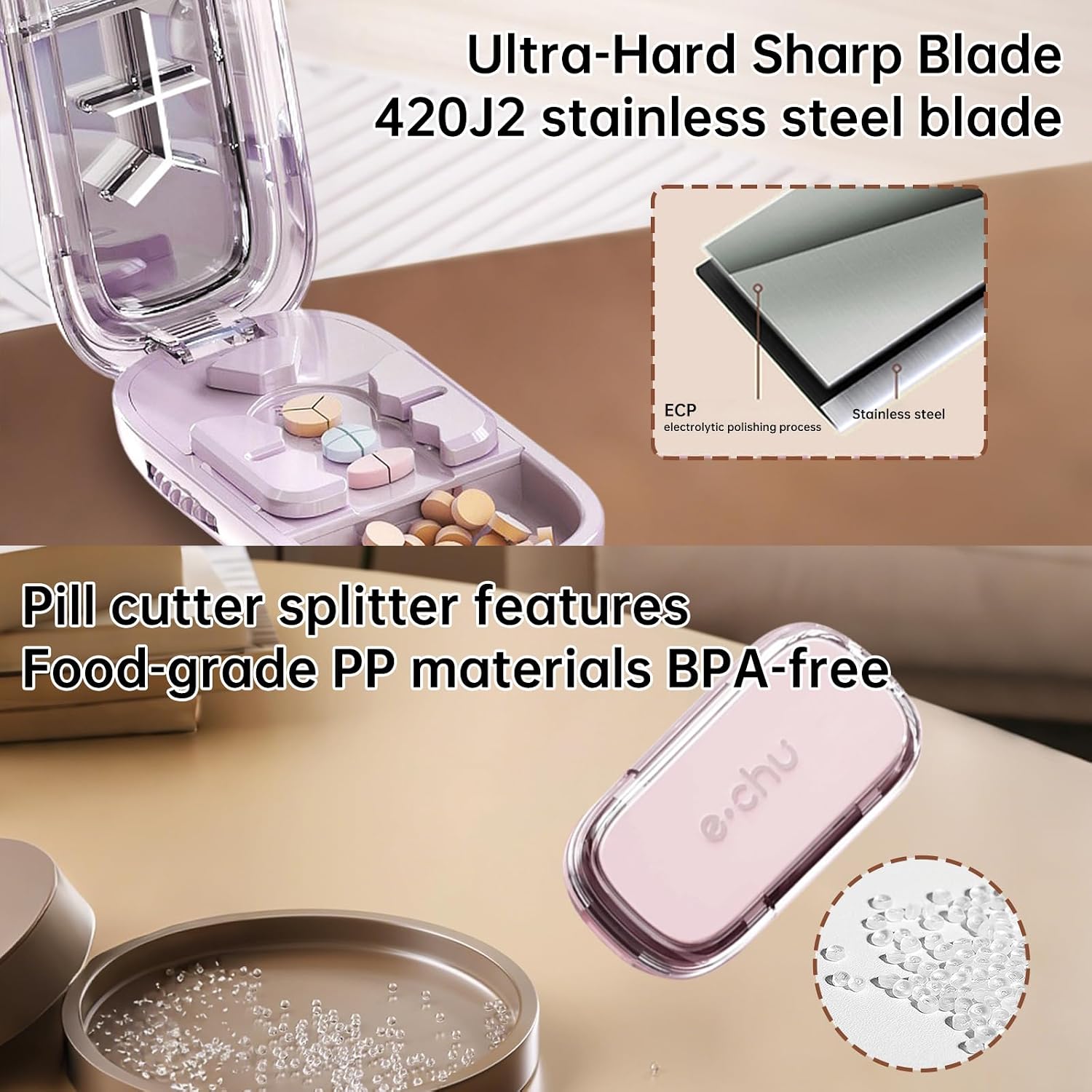 Pill Cutter Splitter for Small and Tiny Pills - Daily Pill Organizer with Professional Adjustable Cutter Splitter for Cutting Multiple Pills, Pill Case for Travel Purse Pocket (Pink)