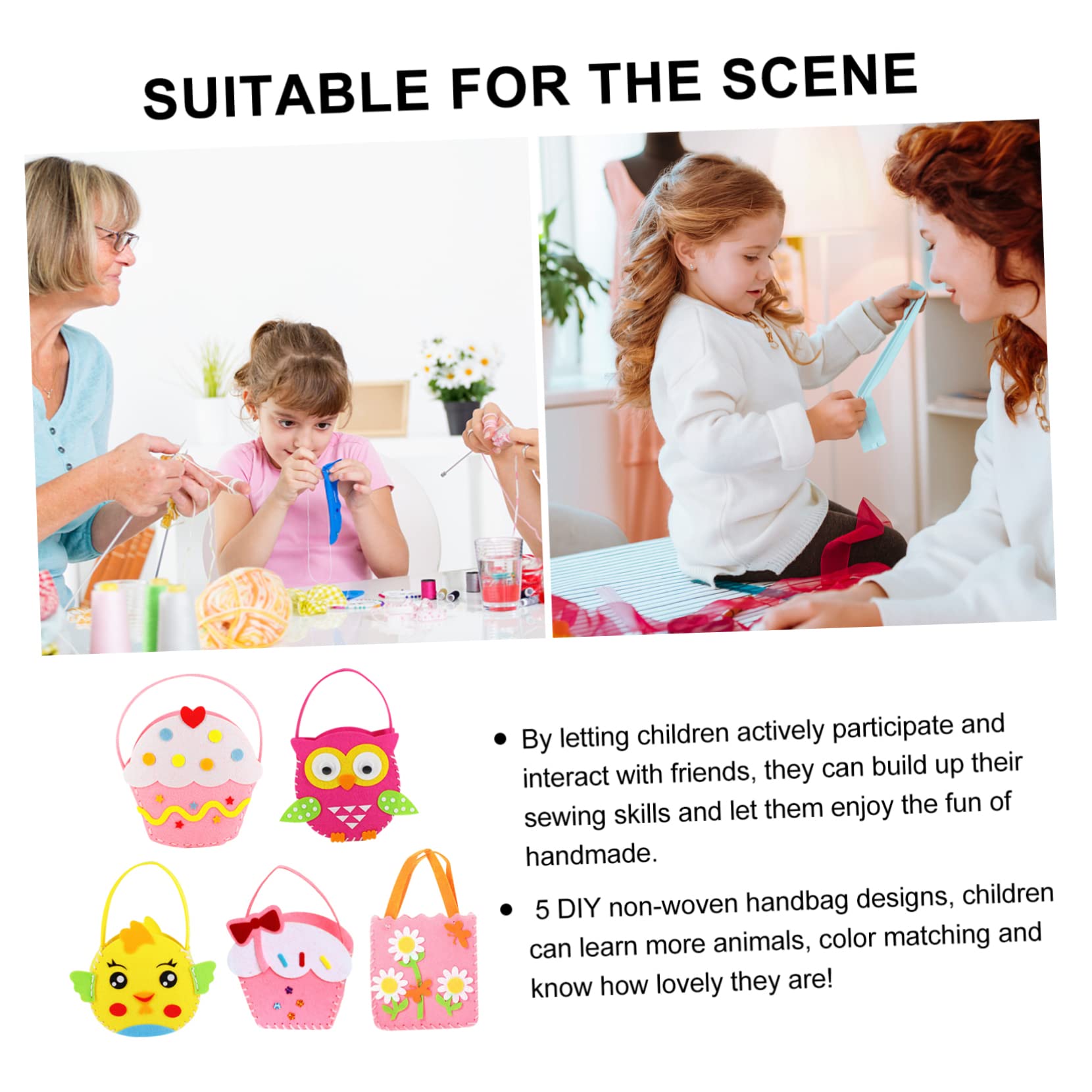 SOIMISS Kit de Bolsa de Fieltro para Niños 5 Piezas de Material No Tejido, Seguro y Fácil para Aprender a Coser y Mejorar Habilidades Manuales Estilo Aleatorio