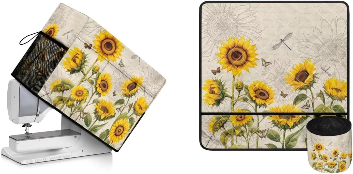 Dragonfly Sunflower Sewing Machine Cover & Sewing Machine Table Mat with Pockets for Sewing Accessories Durable Sewing Machine Anti Dust Covers Thanksgiving Decor