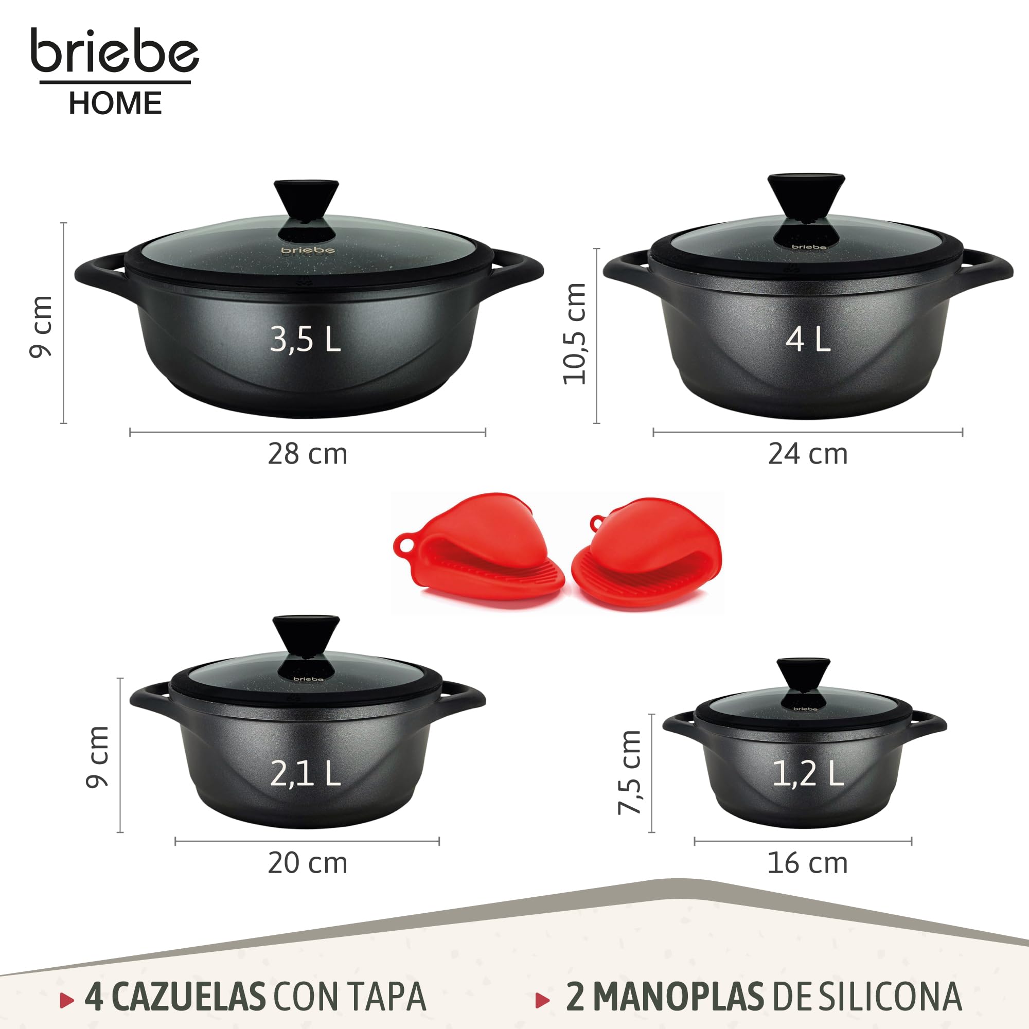 briebe Batería Cocina Inducción 8 Piezas, Juego 4 Ollas Aluminio Fundido, Antiadherente ILAG GRANITEC sin PFOA, Set Cazuelas Tapas Cristal, Guantes Silicona, Vitrocerámica, Gas, Horno, MGK-17S
