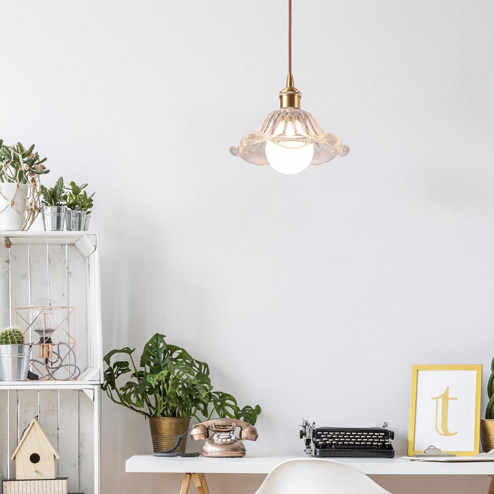 Set di 2 Lampada a Sospensione Industriale Vintage Ottone Lampadario Creativo Fiori Paralume in Vetro E27 Plafoniera per Cucina Sala da Pranzo