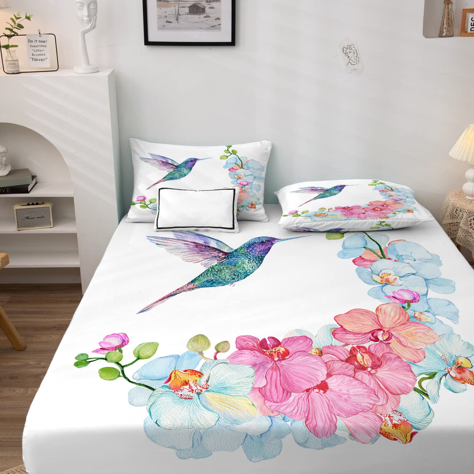 NOGAWA Vogel Spannbettlaken 160x200cm, Spannbetttuch Blume Muster, Weiche Mikrofaser Boxspringbett Bettlaken geeignet für Matratzen von 30 cm Mit 2 Kopfkissenbezug 80x80 cm