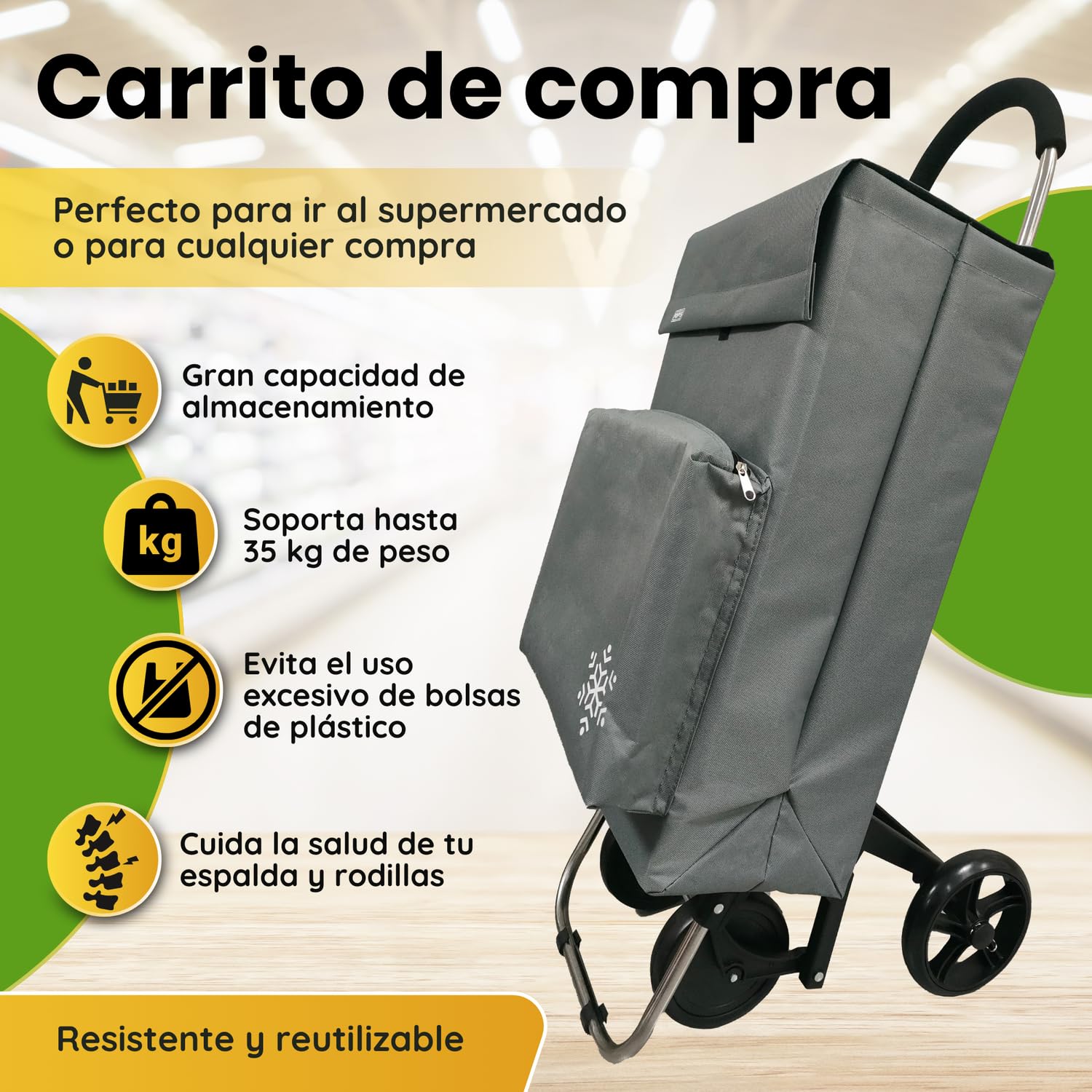 Carro de la Compra de 50L + Gancho Multiusos de Regalo con Compartimento Refrigerante | Carrito Compra de 4 y 2 Ruedas Ideal para Supermercado (Requiere Montaje) (Gris.) — view 4