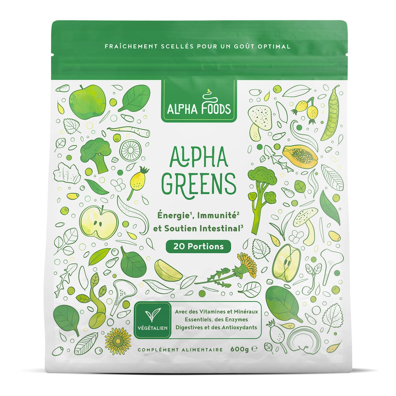 Greens Complex en Poudre 600g | Énergie & Immunité Mélange De Verts Végétalienne | Vitamines B1-B12, CoQ10, Moringa, Spiruline, Chlorella, Matcha | Green Superfoods Smoothie Powder | Alpha Foods