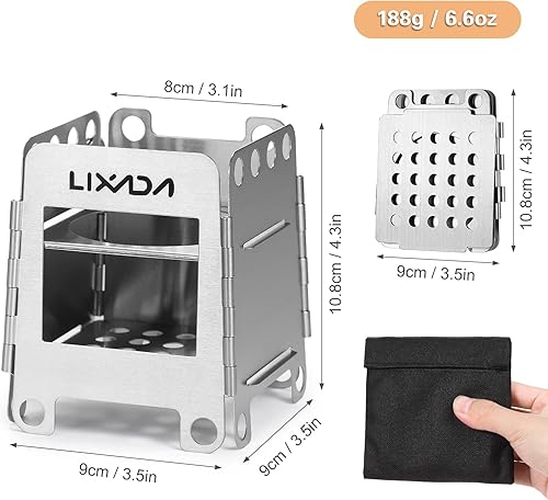Miniatura 5 de Lixada. Estufa de leña portable de acero inoxidable. Ligera, plegable, para cocción en camping y picnic.