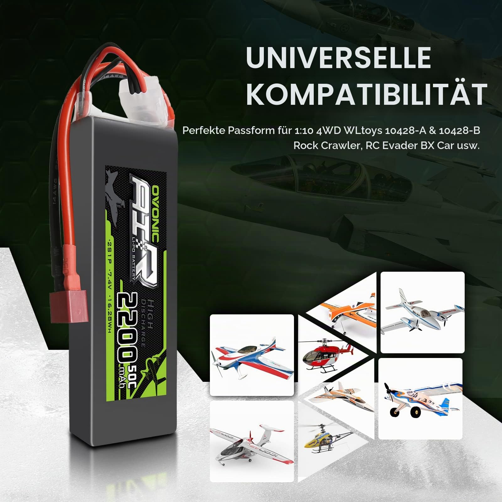 OVONIC Lipo Akku 2s 2200mAh 50C 7,4V Lipo Akku mit Dean Style T Stecker für RC Flugzeug Helikopter Auto LKW (2 Stück)