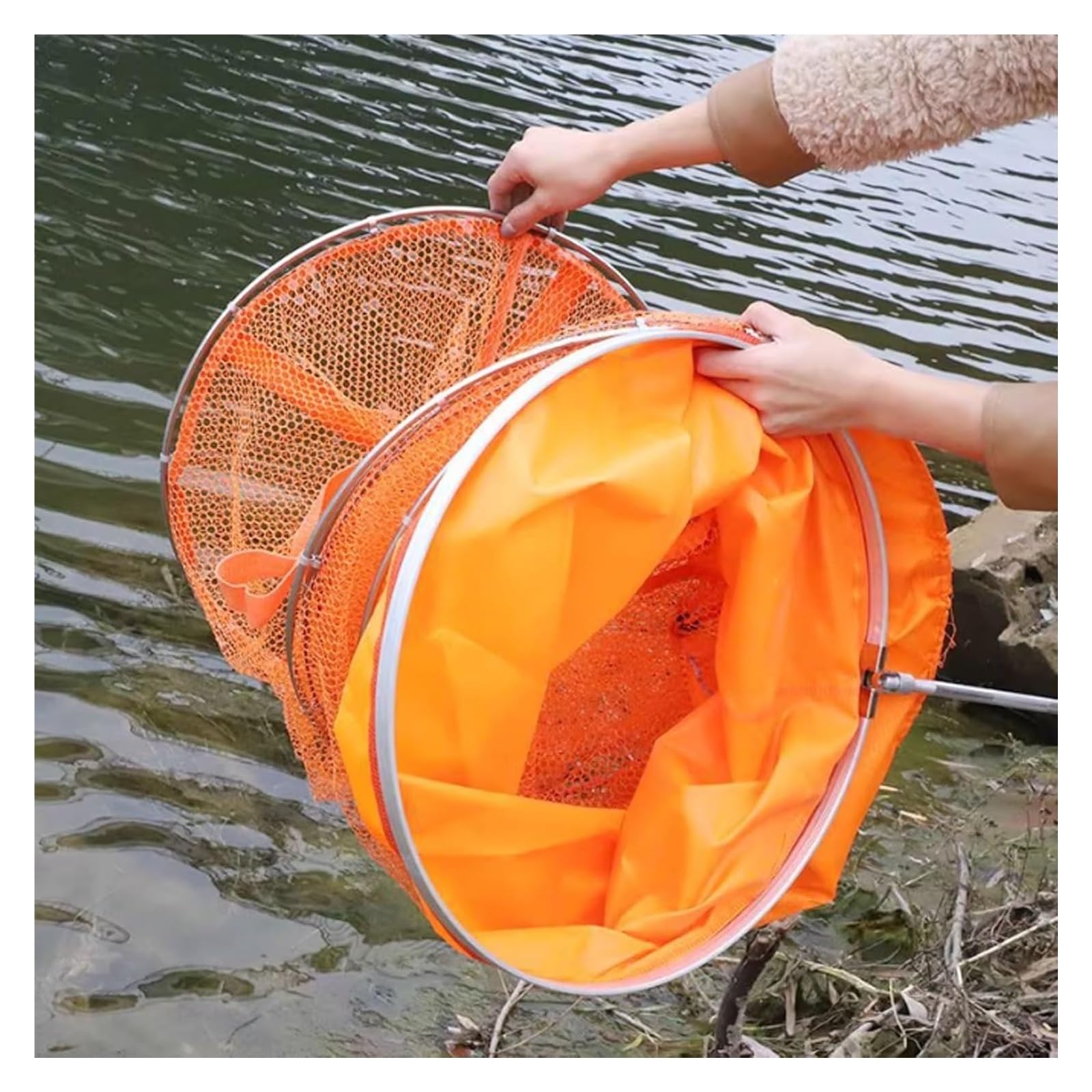 Fangnetz, Zusammenklappbare Angelfalle, orange, mehrere Größen, schnell trocknende Nylon-Netztasche, Krabben, Muscheln, Meeresfrüchte