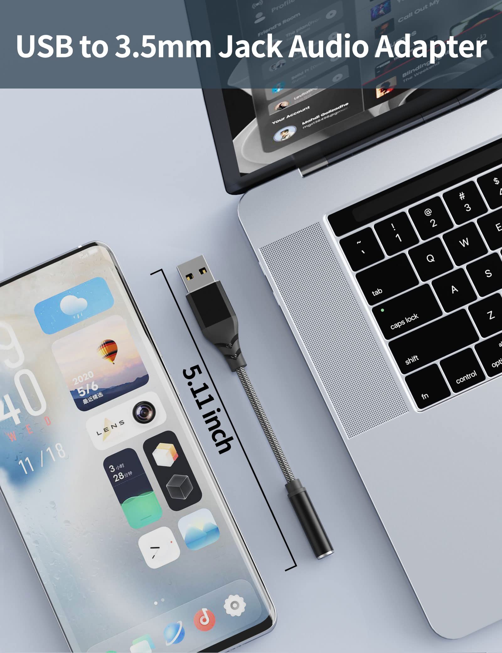 Adaptador de audio USB a conector de 0.138 in, tarjeta de sonido estéreo externa, chip integrado USB a auriculares, convertidor auxiliar macho USBA a conector de audio TRRS de 4 polos para 5
