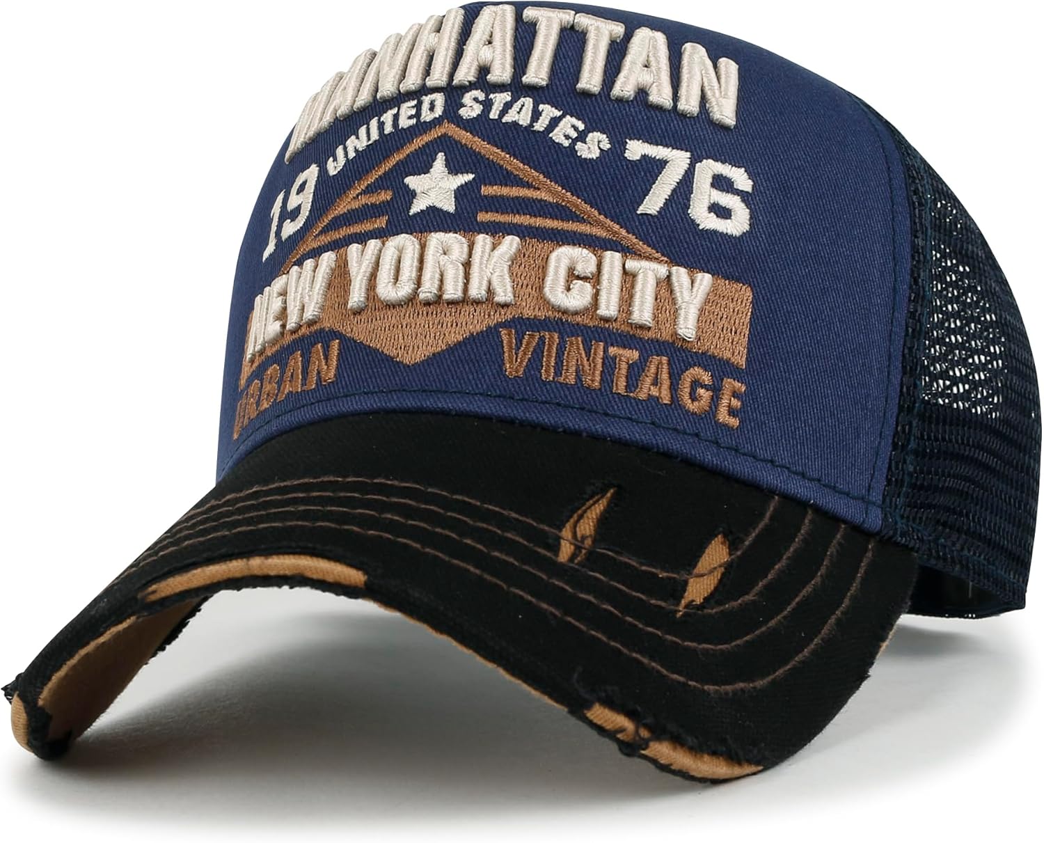 ililily Premium Manhattan Wide Embroidery Trucker Hat Vintage Baseball Cap