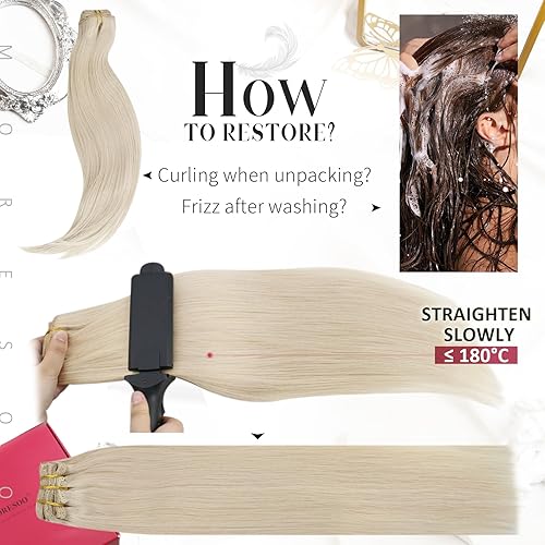 Miniatura 7 de Moresoo Extensiones de cabello humano Remy con clip, color rubio platino, extensiones de cabello humano real de doble trama, color rubio #60, 18