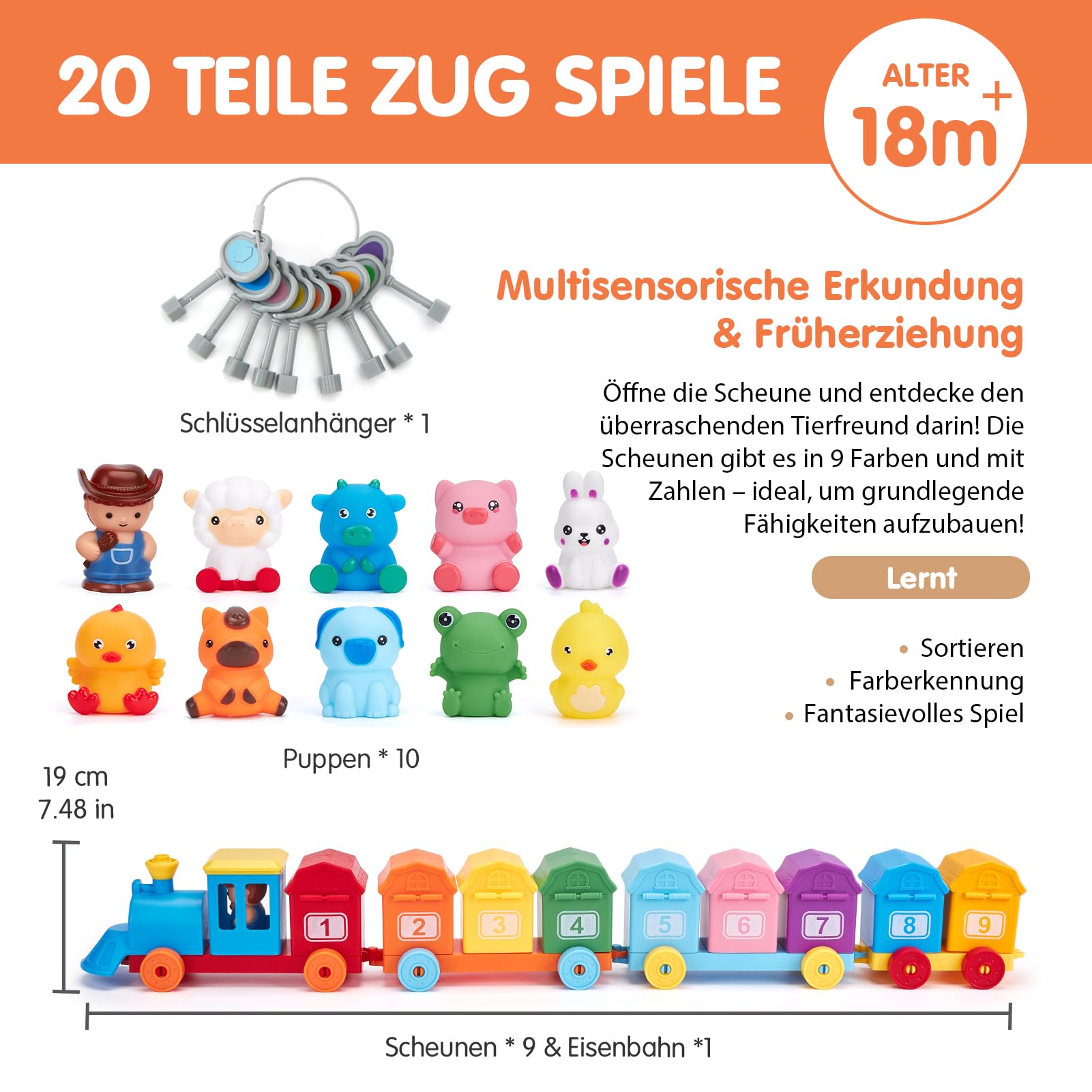 hahaland Bauernhof Montessori Spielzeug 2 Jahre mit Bauernhoftiere Fingerpuppen Schlüssel, Zug Spielzeug zum Zählen, Sortierspiel, Zuordnen, Kinderspielzeug ab 2 3 4 Jahre Geschenk für Junge Mädchen