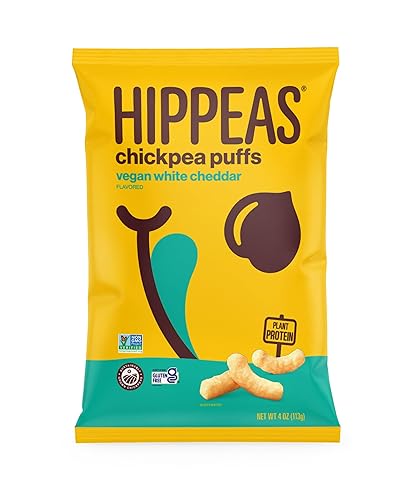 Hippeas Chickpea Puffs, Cheddar blanco vegano, 4 onzas (paquete de 1), 0.11 onzas de proteína, 0.11 onzas de fibra, vegano, sin gluten, crujientes,