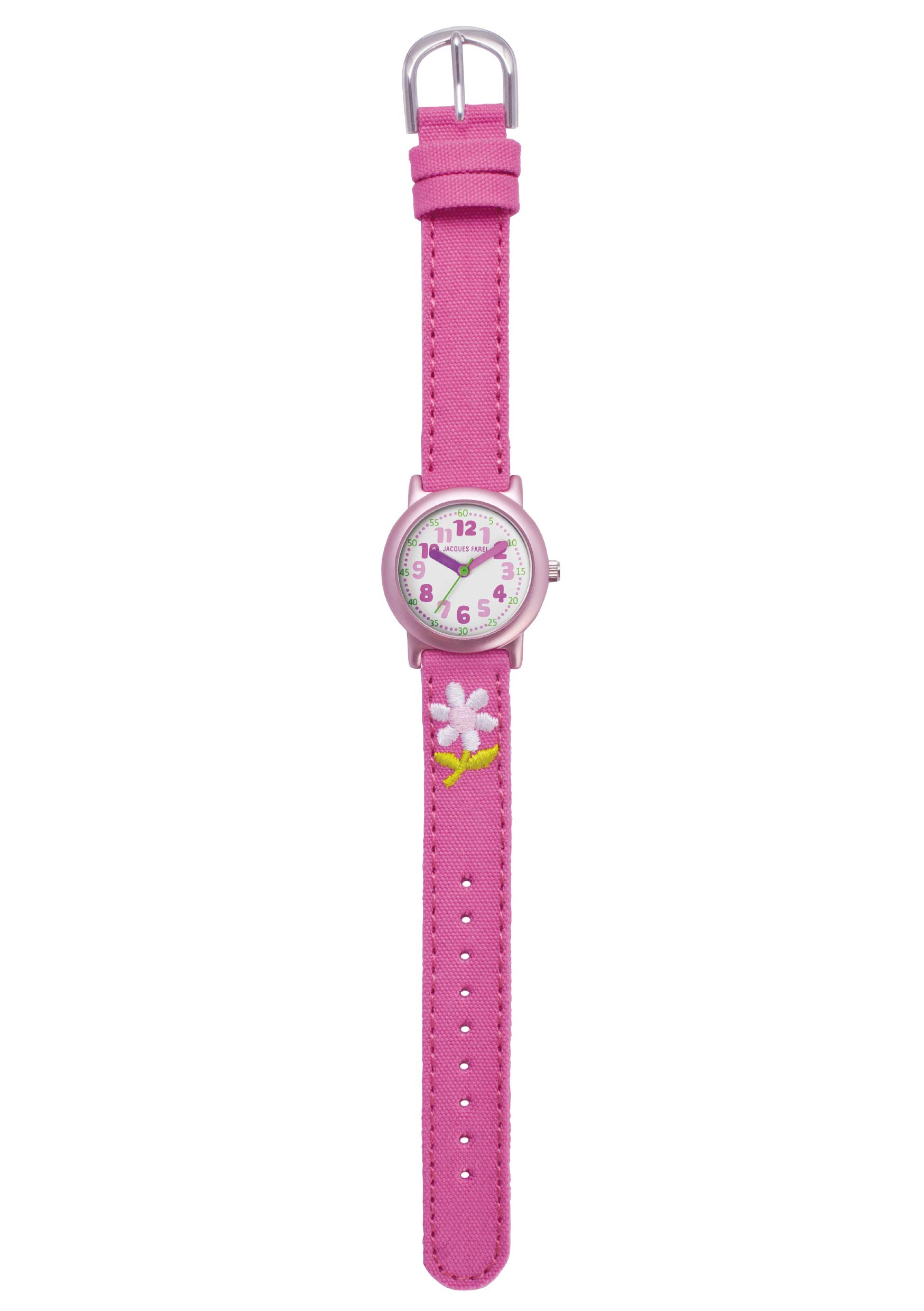 JACQUES FAREL Öko-Kinderuhr Mädchen Armbanduhr mit Stoffband aus Bio-Baumwolle Analog Quarz Blume Rosa Pink ORG 1111