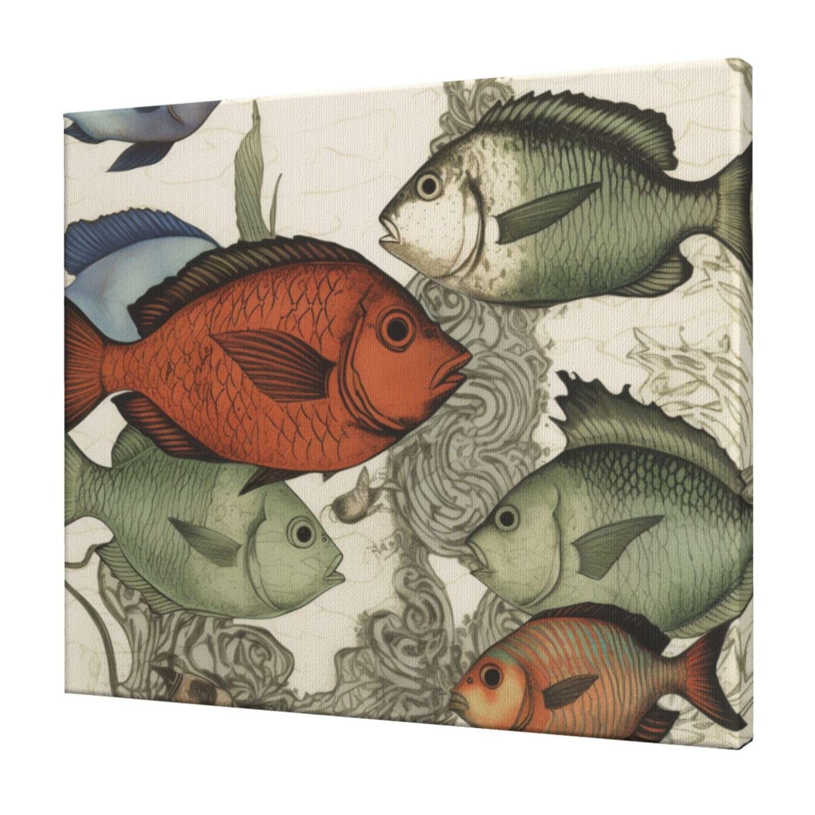 YKLJG Colored Fish Printed Wall Art Canvas Prints 60x50 CM Wooden Framed Picture Painting Artwork for Bedroom Kitchen Home Office Decor