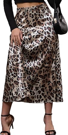 Nihsatin Womens Leopard Print Satin Skirt Elegant A-Line Maxi Skirt for Casual and Formal Wear