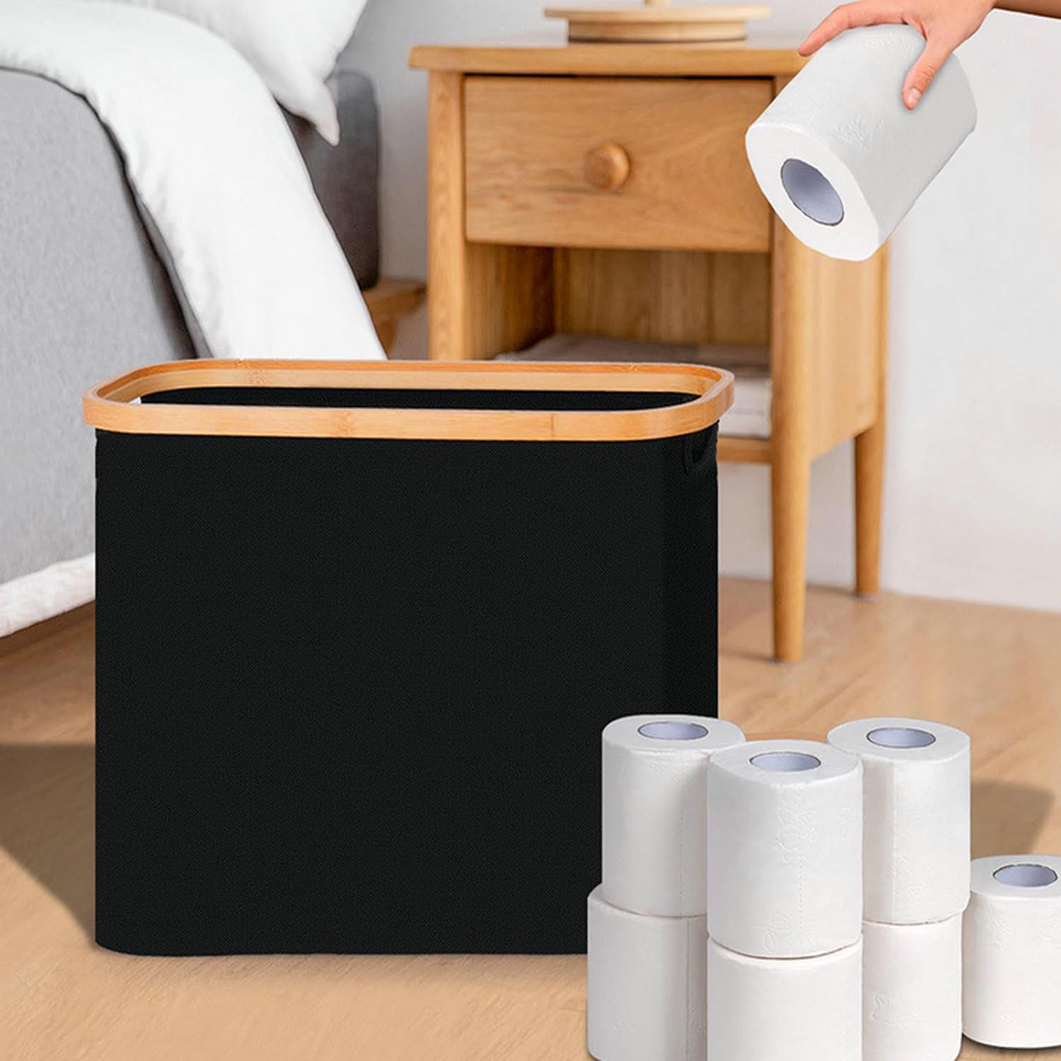 Cesta de almacenamiento de papel higiénico, organizador de papel higiénico con tapa de bambú para baño, soporte de papel higiénico independiente con ventana de visualización (negro)