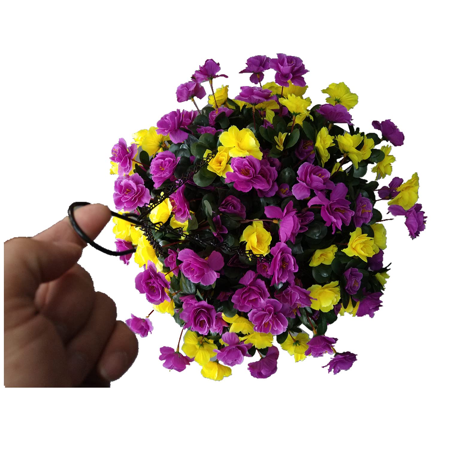 Décoration intérieure et extérieure - Grandes azalées artificielles en soie jaune et violet - Panier à suspendre avec pot de fleurs (grand panier)