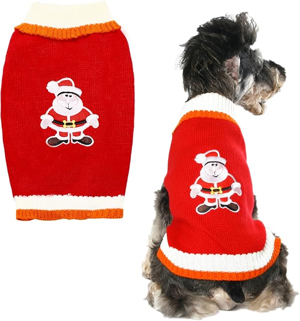 Dog Christmas Jumper for Small Medium Dogs, Pet Holiday Santa Claus Sweater Cartoon Pattern Dog Winter Warm Knitted Dog Jumper Clothes, S