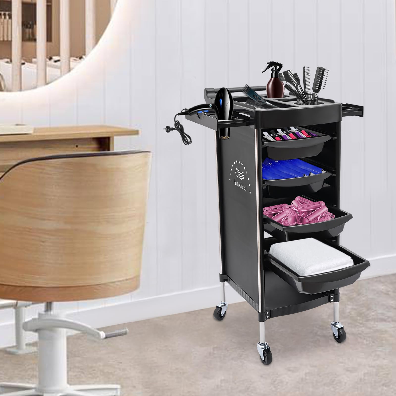 Salon Trolley Cart, 6-Tier Drawer-Type Multi-Functional Salon Trolley, Hairdressing Shelf with Handle and Lockable Rolling Wheels, 4 Drawers and 2 Hair Dryer Holder Side Tray, Black