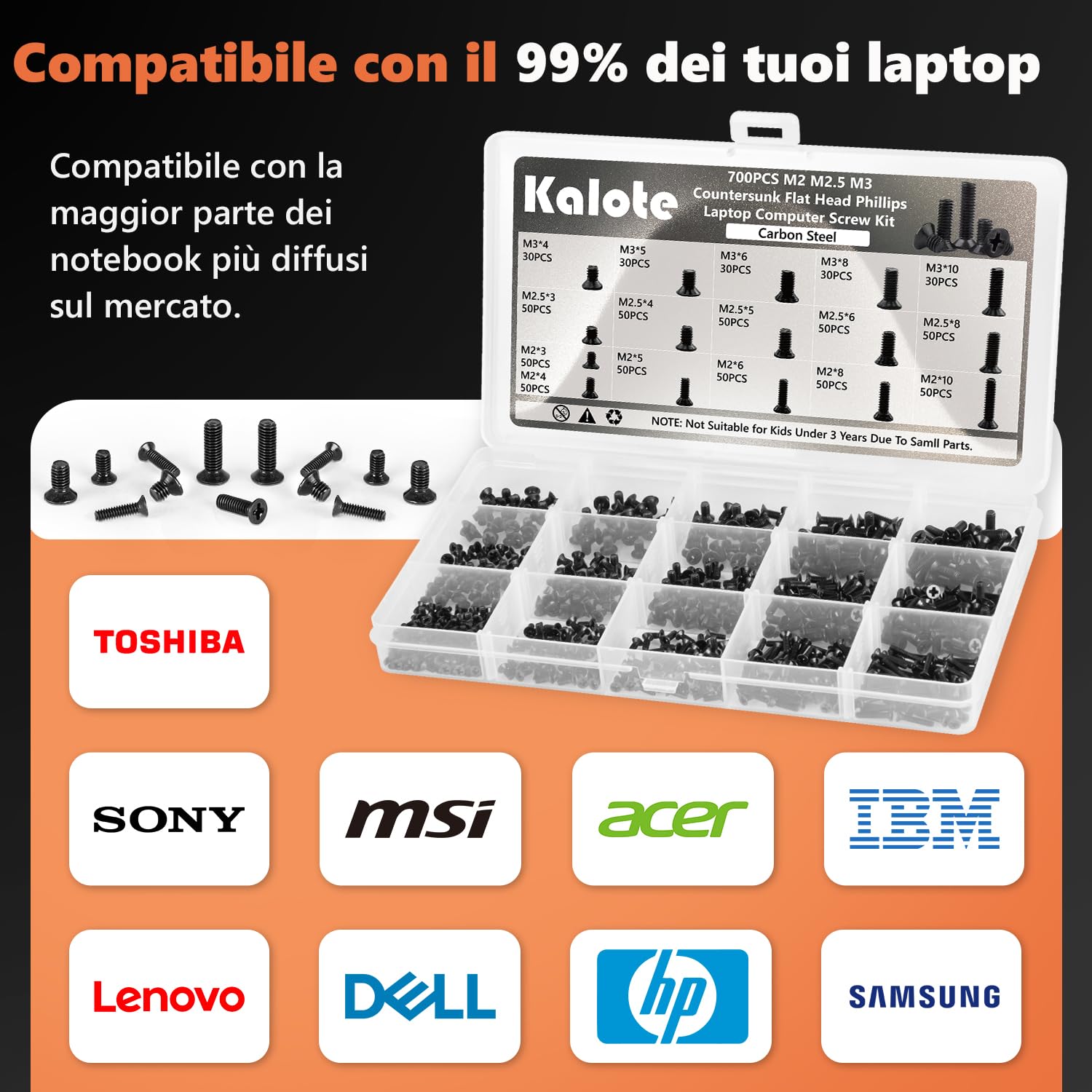 Kit di viti per laptop, 700 pezzi, kit assortito di viti di ricambio per computer portatile, M2, M2.5, M3, in acciaio al carbonio, a testa piatta, a testa piatta, per Lenovo, Toshiba, HP, IBM, Dell,