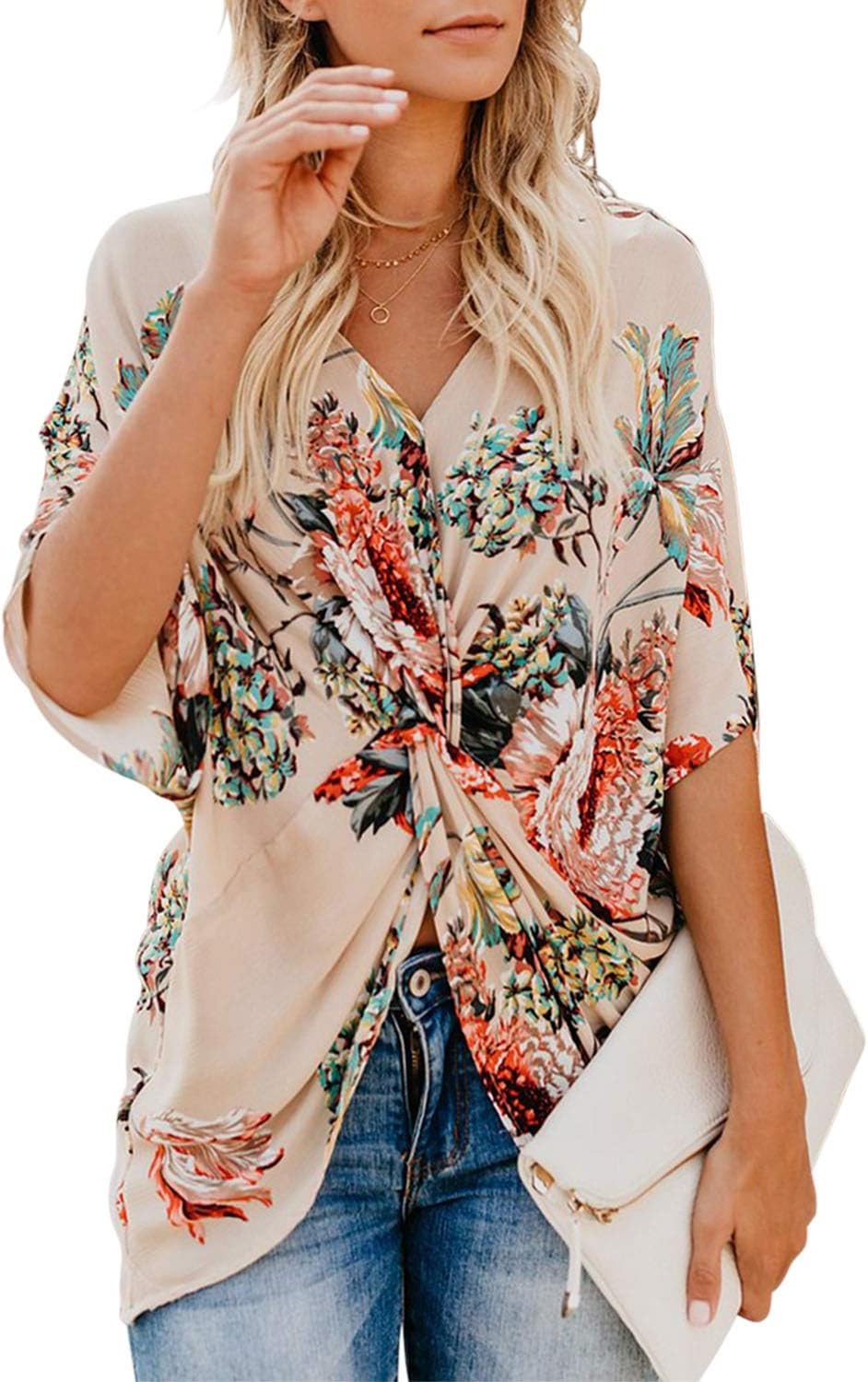 Silindashop Women's V Neck Blouses Casual Floral Print Twist Front Tops Womens Tops and Blouses