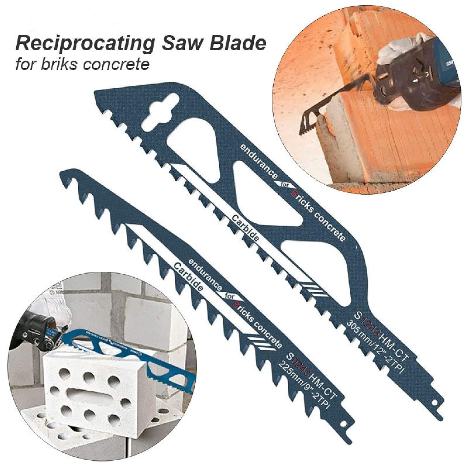Reciprocating Saw Blade Demolition Masonry Saber Carbide Alloy Hard Cut Brick Wood Block PVC Tube Porous Concrete Teeth Tipped(Saw Blade Brick 9in)