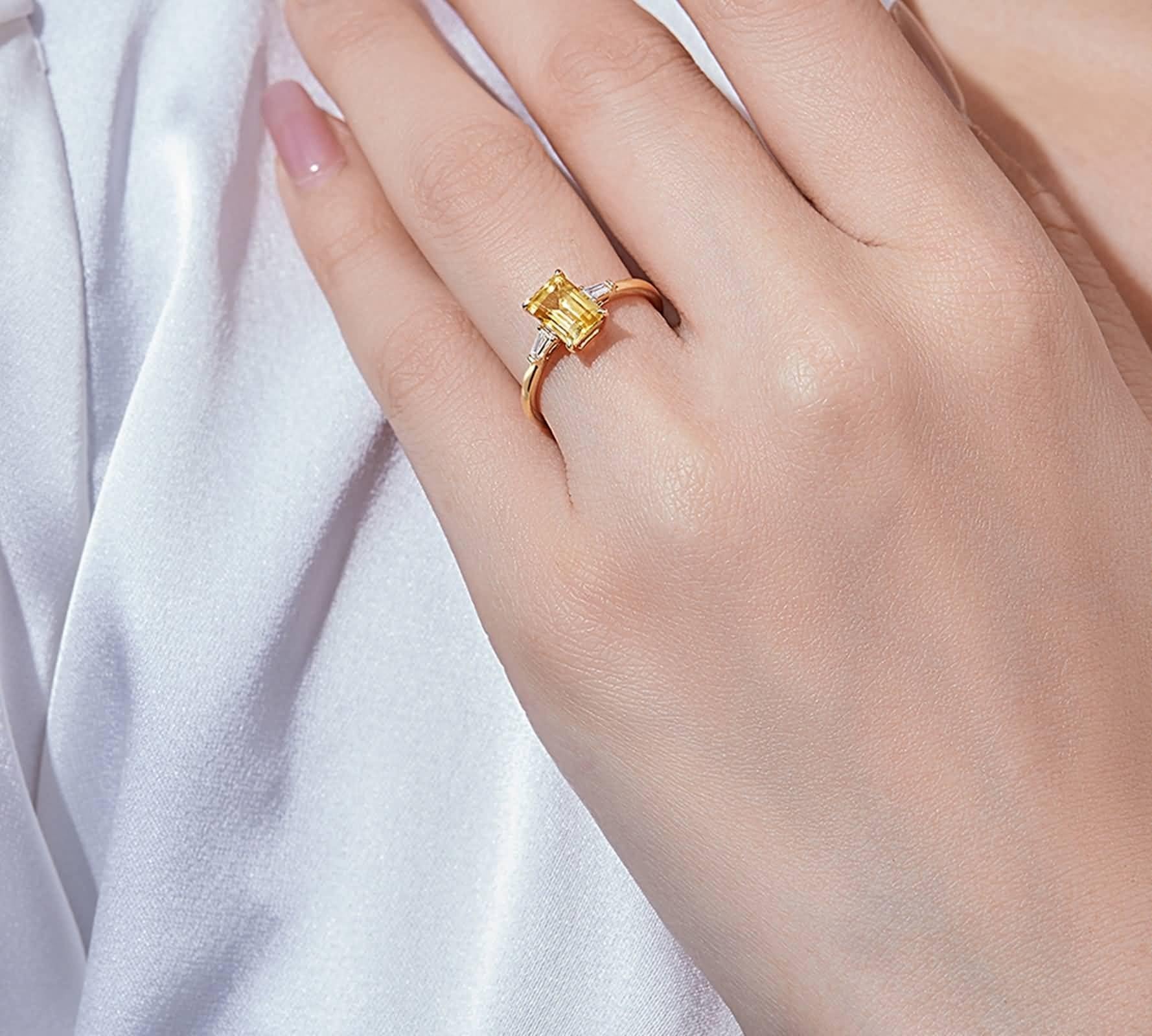 Bague Personnalisable Femme Bague pour Son Copain Or Jaune Poli avec Citrine Rectangulaire et Diamant Taille Solide Non Plaqué Élégant pour Sœur Fiançailles Bijoux