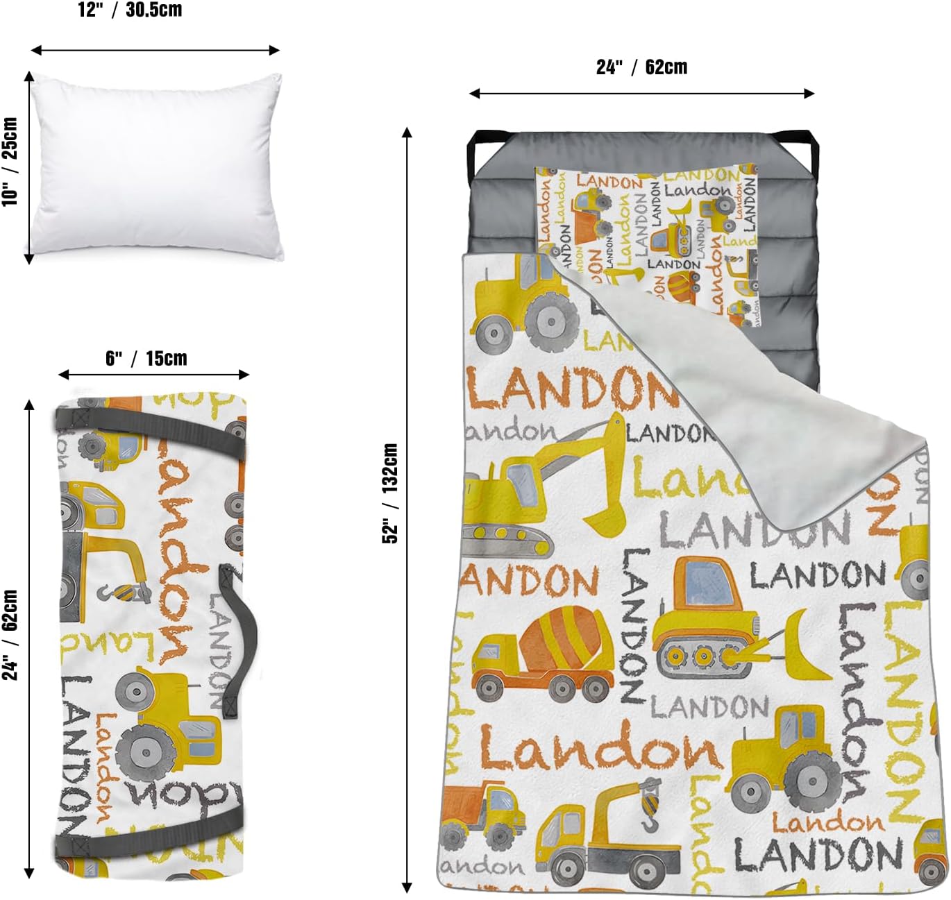 Personalized Toddler Nap Mats – Custom Name Sleeping Mat for Preschool, Infant Cot Nap Mat with Pillow and Blanket, Roll-Up Daycare Slumber Bag, Yellow Truck Pattern for Boys Girls