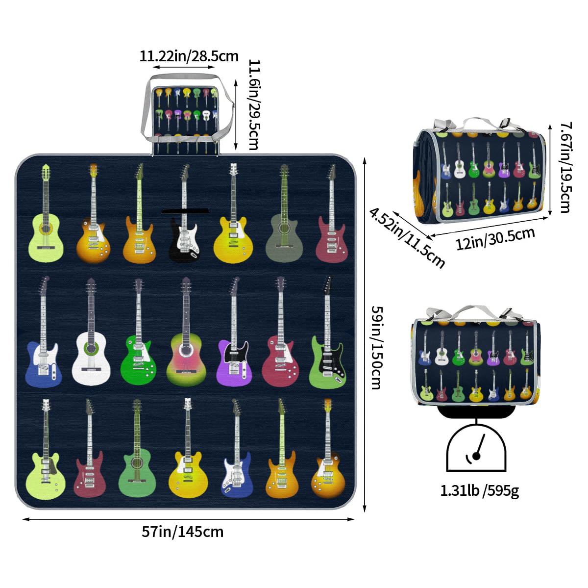 Manta de picnic de 150 x 145 cm, manta de playa plegable con música colorida y guitarra eléctrica para exteriores, impermeable, para playa, camping, senderismo, picnic