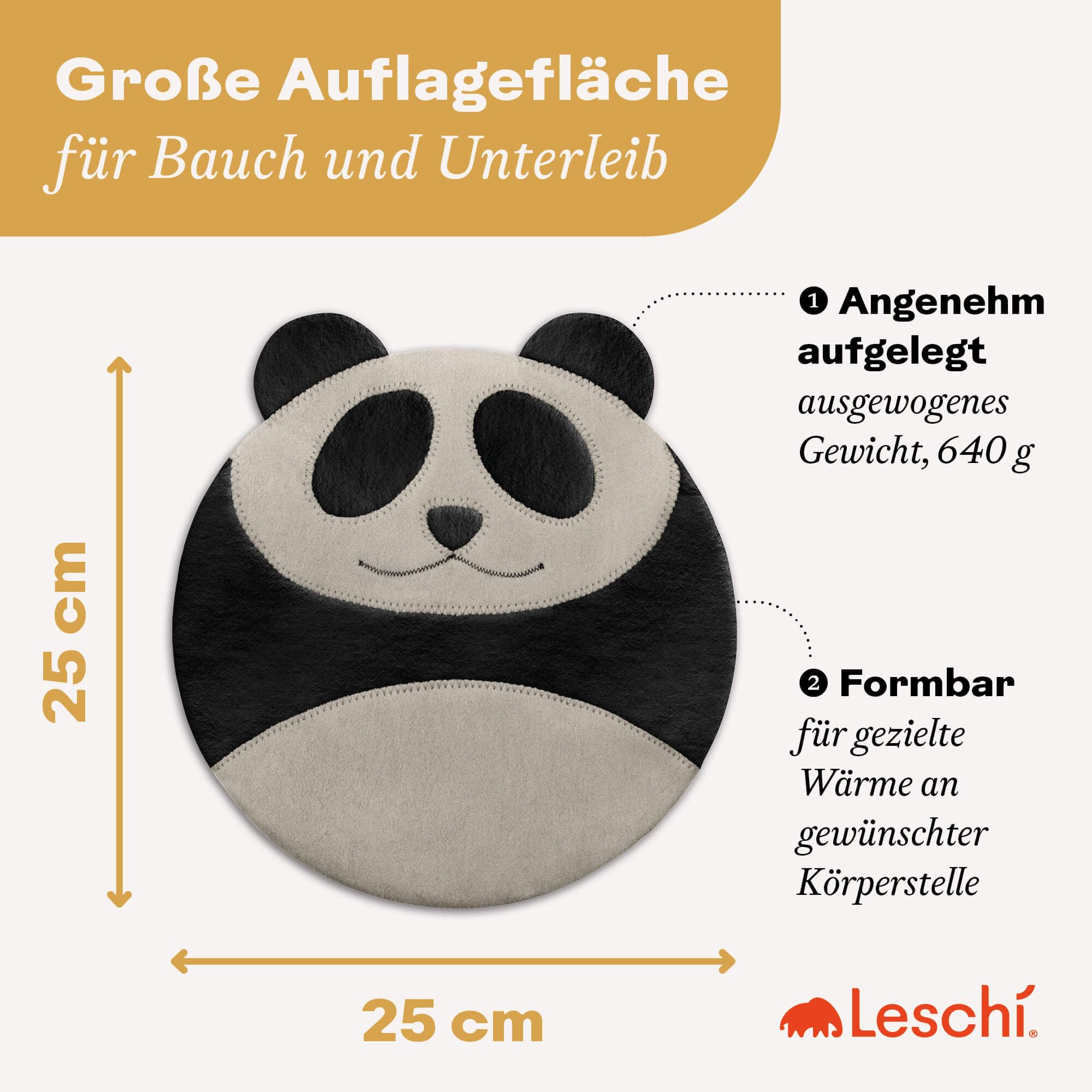LESCHI 4 Kammer Körnerkissen - mikrowellengeeignetes Wärmekissen - ideal als natürliche Hilfe bei Bauch- und Regelschmerzen - aus natürlicher Bio Baumwolle & Bio Weizen - Panda, Schwarz