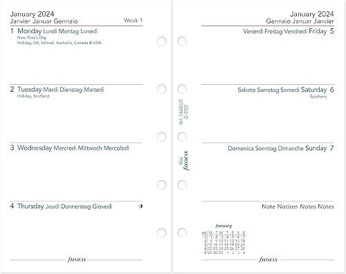 Miniatura 3 de Filofax Recambio de diario de calendario, tamaño mini, semana-a-vista, libro blanco, sin rayas, multilingüe cuatro idiomas, 2024 (C68127-24)