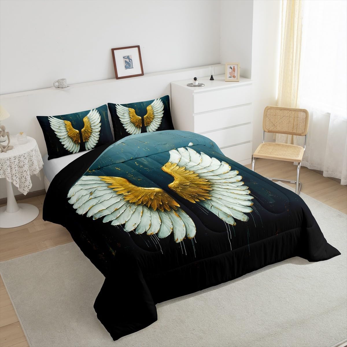 Erosebridal Angel Wings Kids Bedding | Gothic Style Queen Comforter Sets,White and Golden Feather Comforter Watercolor Dreamy Duvet Insert with 2 Pillow Cases