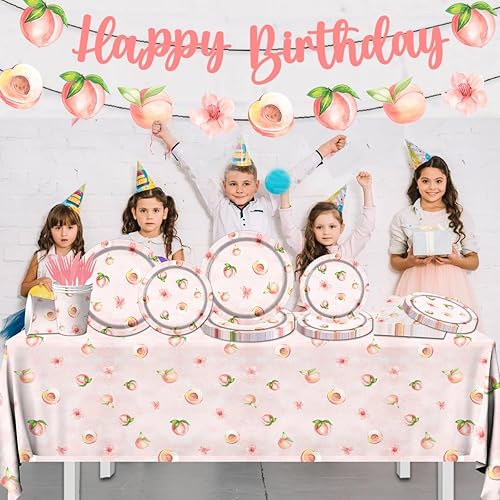 Miniatura 2 de Suministros para fiesta de cumpleaños de frutas de melocotón, juego de vajilla con temática de cumpleaños de 142 piezas, incluye platos de melocotón