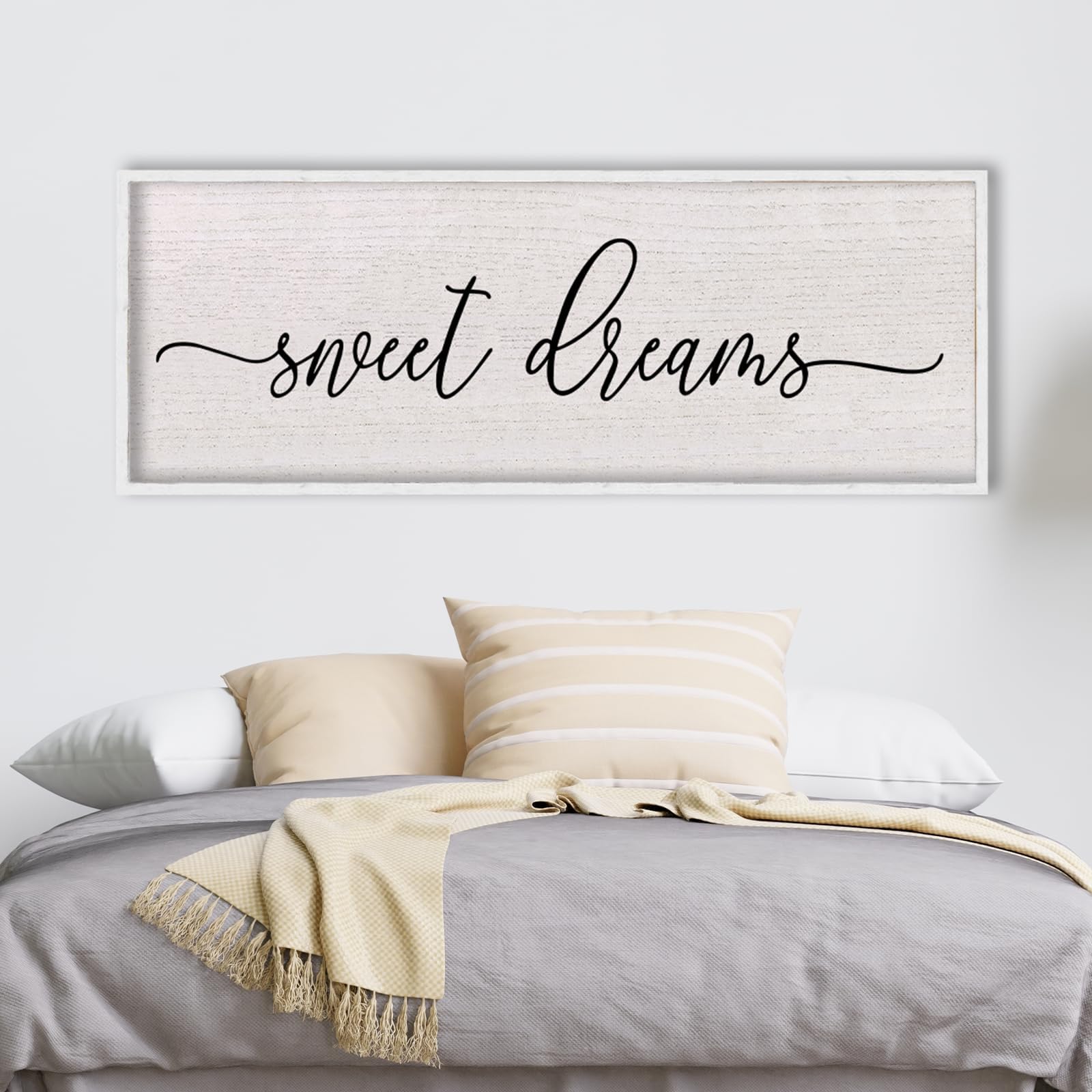 LuZhiQiang Above Over Bed Wall Decor Sweet Dreams Sign 40"×15" for Master Bedroom Guest Room Kids Room Farmhouse Modern Minimalist Large Wood Framed Wall Hanging Art (White)