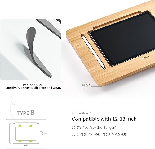 Miniatura 3 de ELETIUO Soporte para iPad de madera de bambú mejorado con ranura para lápiz y cable de carga, escritorio ajustable multiángulo, soporte portátil