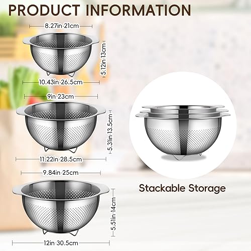 Miniatura 2 de GOLDEN KEY Juego de 3 coladores de acero inoxidable para cocina, colador de pasta para espagueti, frutas, verduras, cocina, alimentos, coladores y