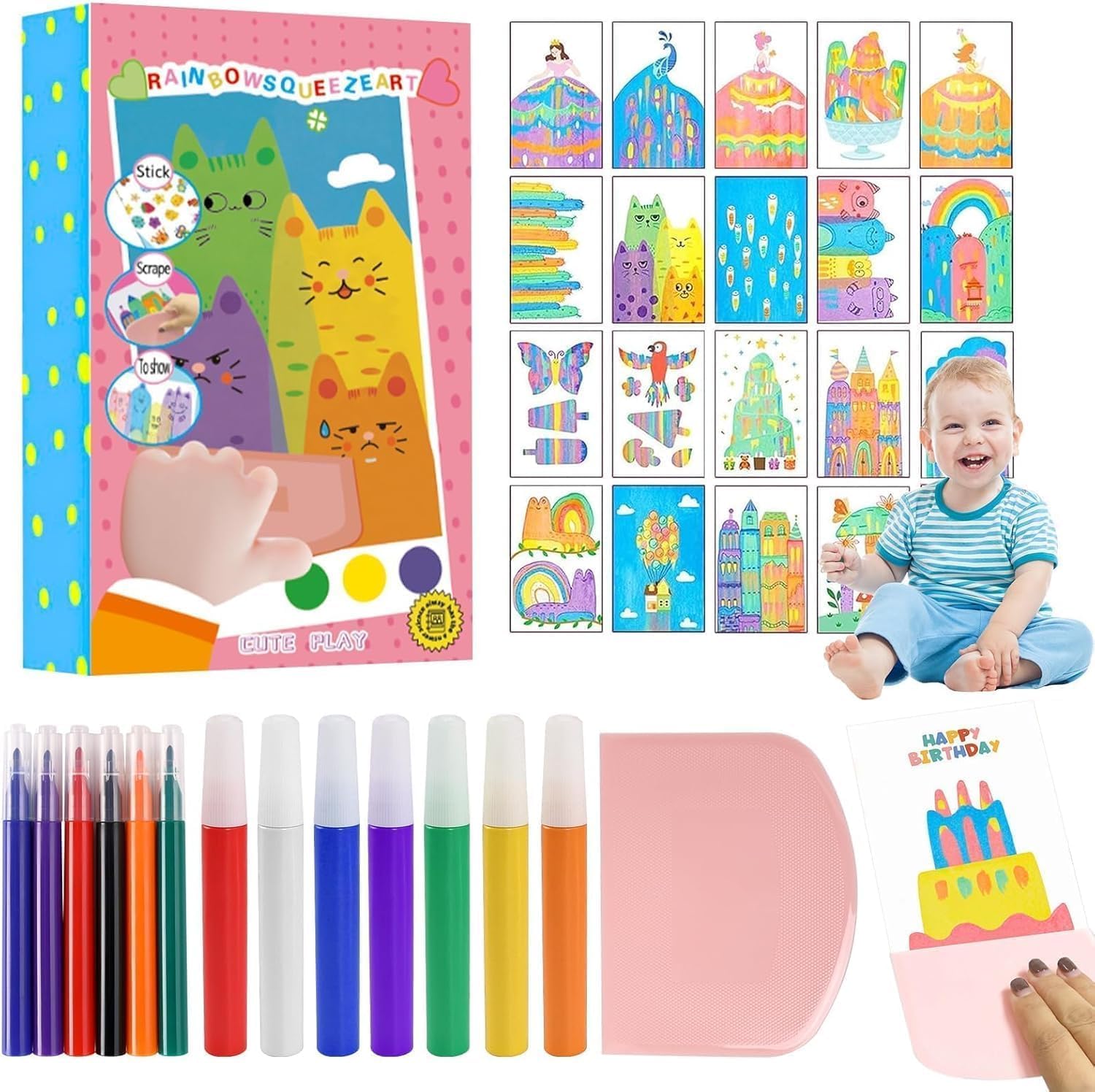 SKUVIZ Squeegee Art Kids Paint Kit, 35 Pieces DIY Rainbow Scratch Art, Rainbow Dot Painting Art Kits, Children Painting Crafts Creativity Set (1 Set), Multicolor (Pink)