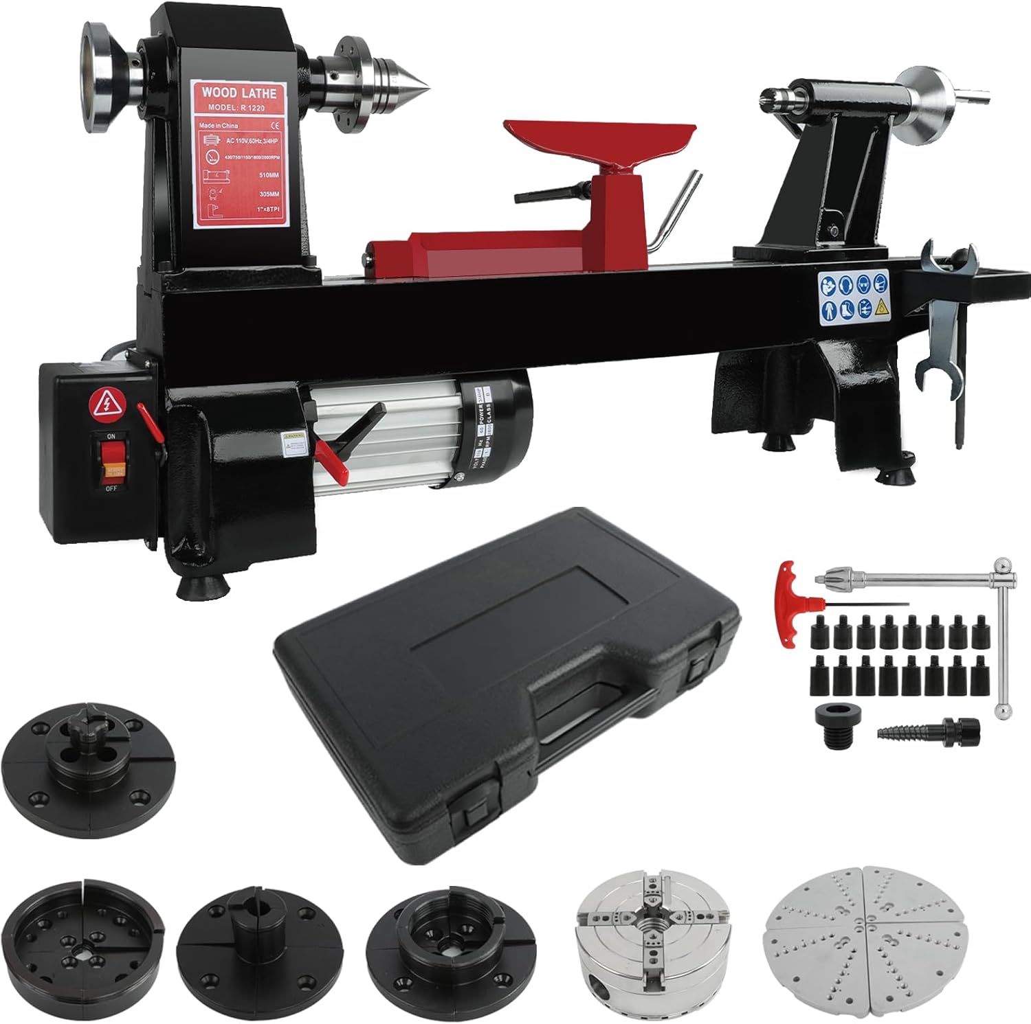 Wood Lathe Machine with 5 Jaw Chuck Set, Wood Lathe Machine, 12 x 20 inch, 550W 3/4HP, 5 Speed Settings 600-2800 RPM Benchtop Leather,with Thickened Tool Rest